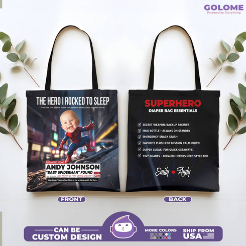 Personalized Baby Spiderman Superhero Tote Bag – Funny CNN Style Diaper Bag Gift for Mom